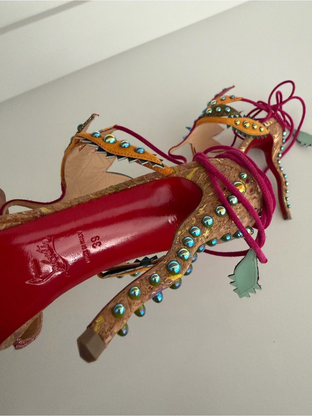 Women's Embellished Lace-Up Sandals - Pink & Teal - Picture 3 of 5